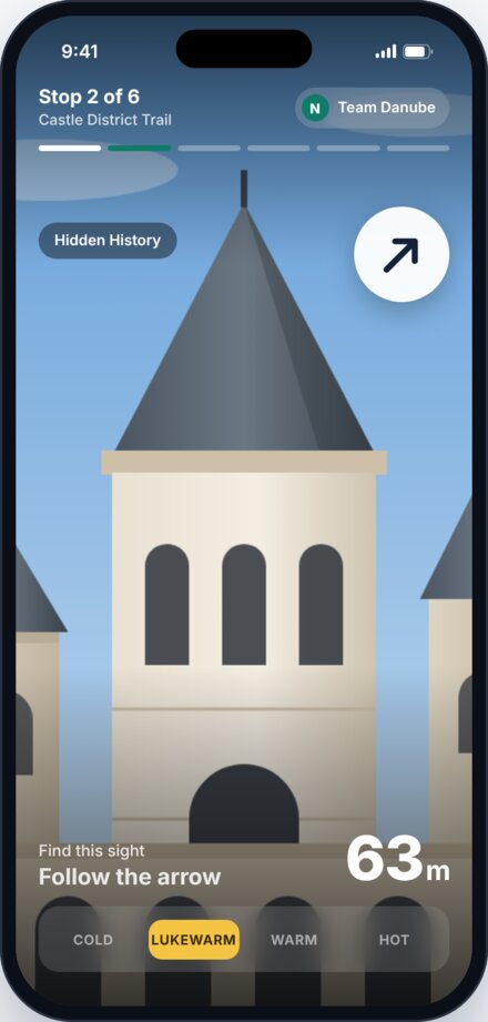 App design: reference photo of a statue, direction arrow, 63 m, Lukewarm